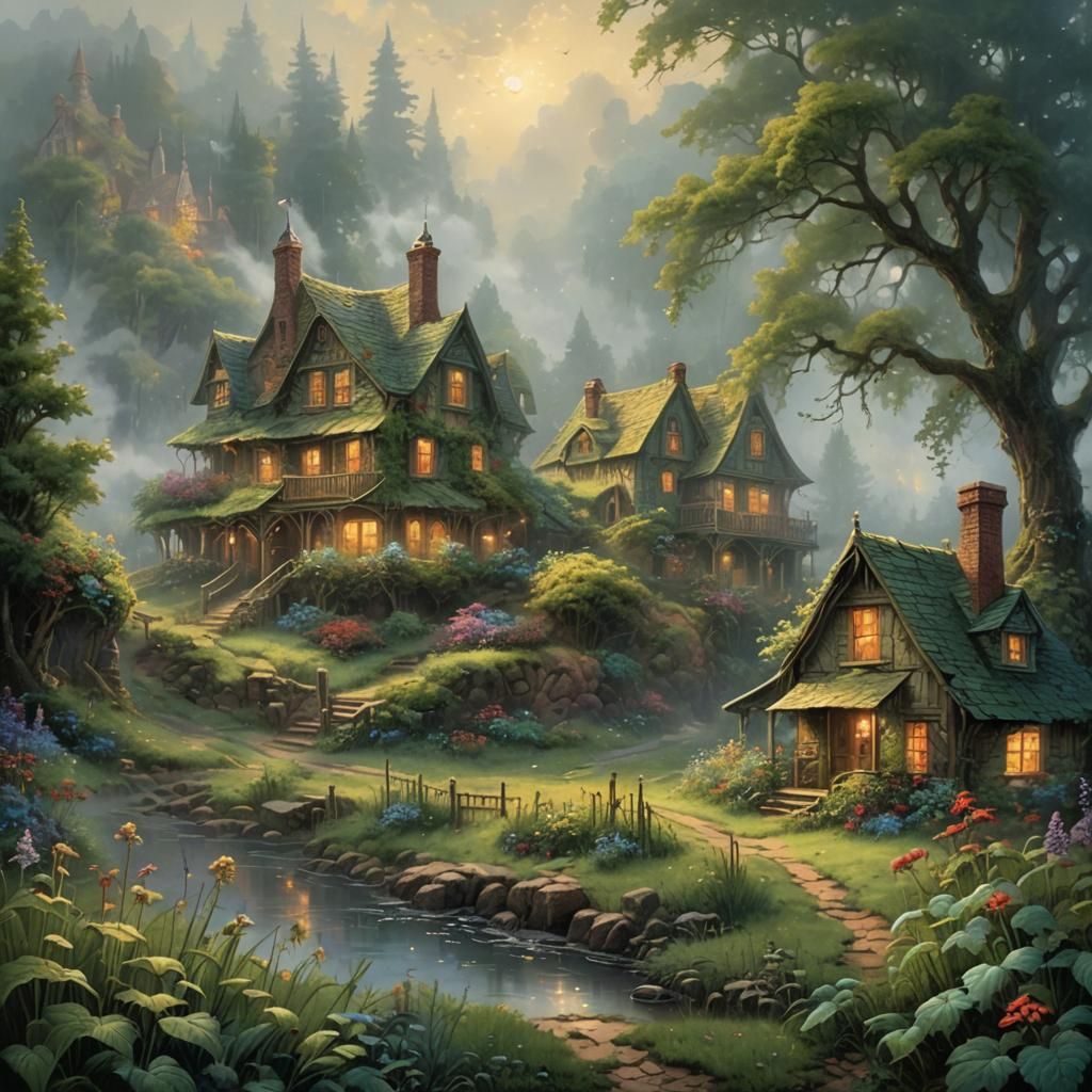 Ethereal Overgrown Homestead in Misty Fantasy Style