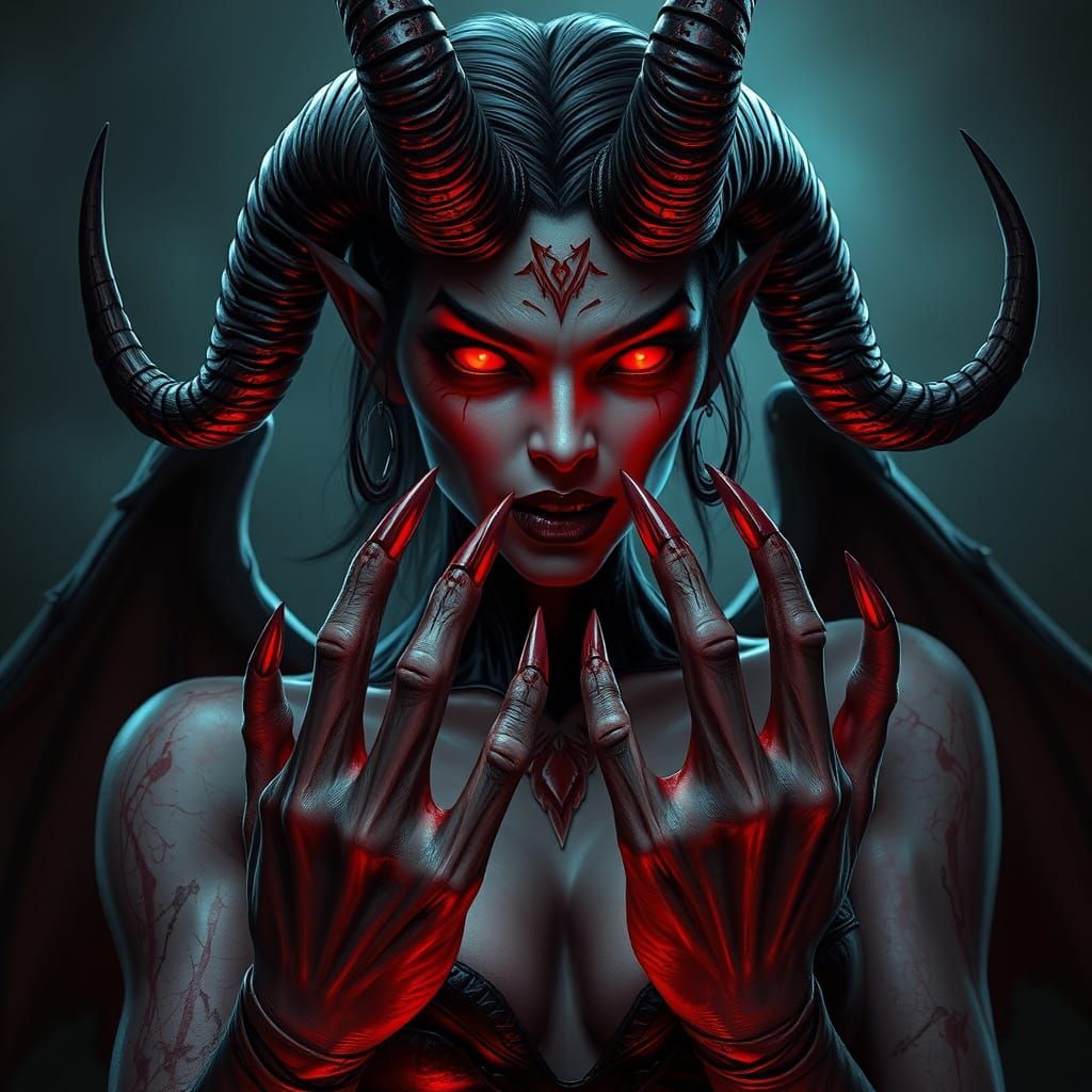 Detailed Female Demoness with Red Eyes, Horror Art