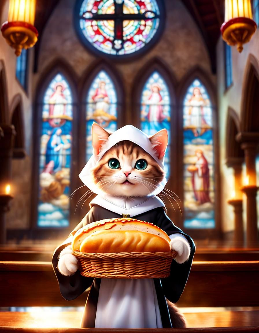 Anthropomorphic Kitten with Bread Loaf in Anime Style