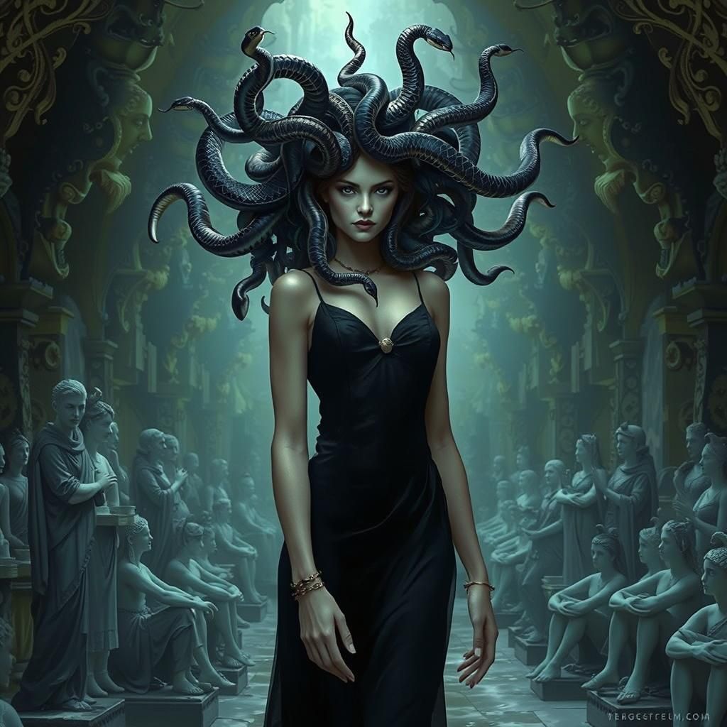 Gothic Medusa in a Cave of Statues