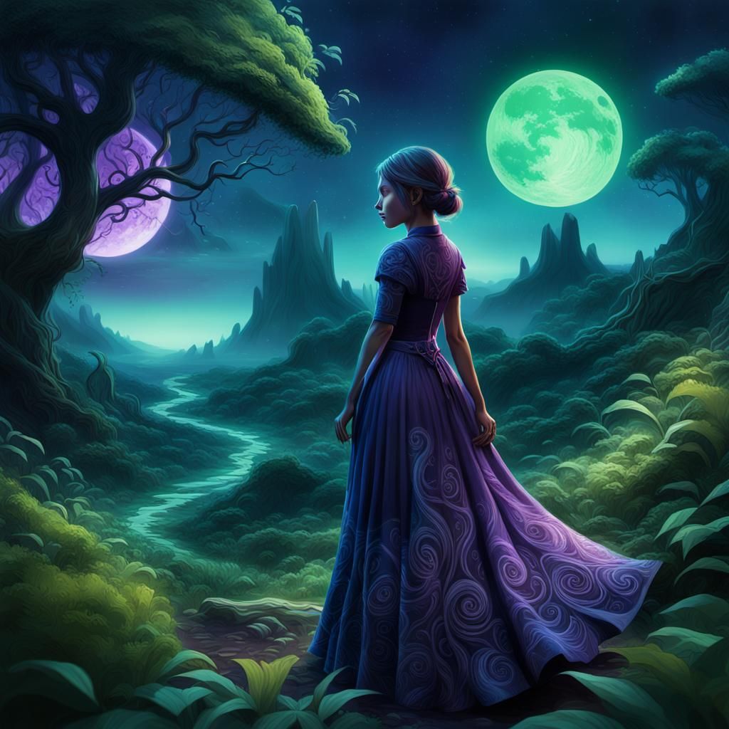 Eerie Fantasy Girl with Skull Mask in Moonlight