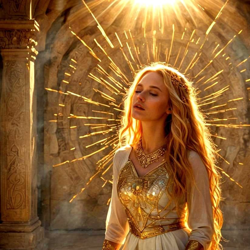 Radiant Woman Praying at Mythic Sun Altar