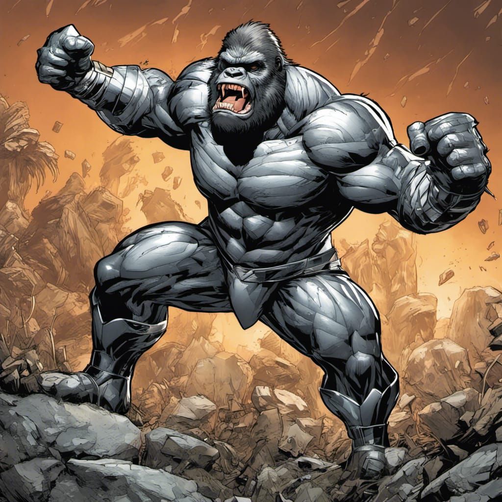 Silverback Gorilla Superhero in Silver Armor Roaring