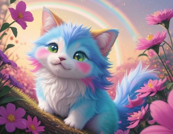 Cute Creature in Rainbow Flower Field, Digital Painting