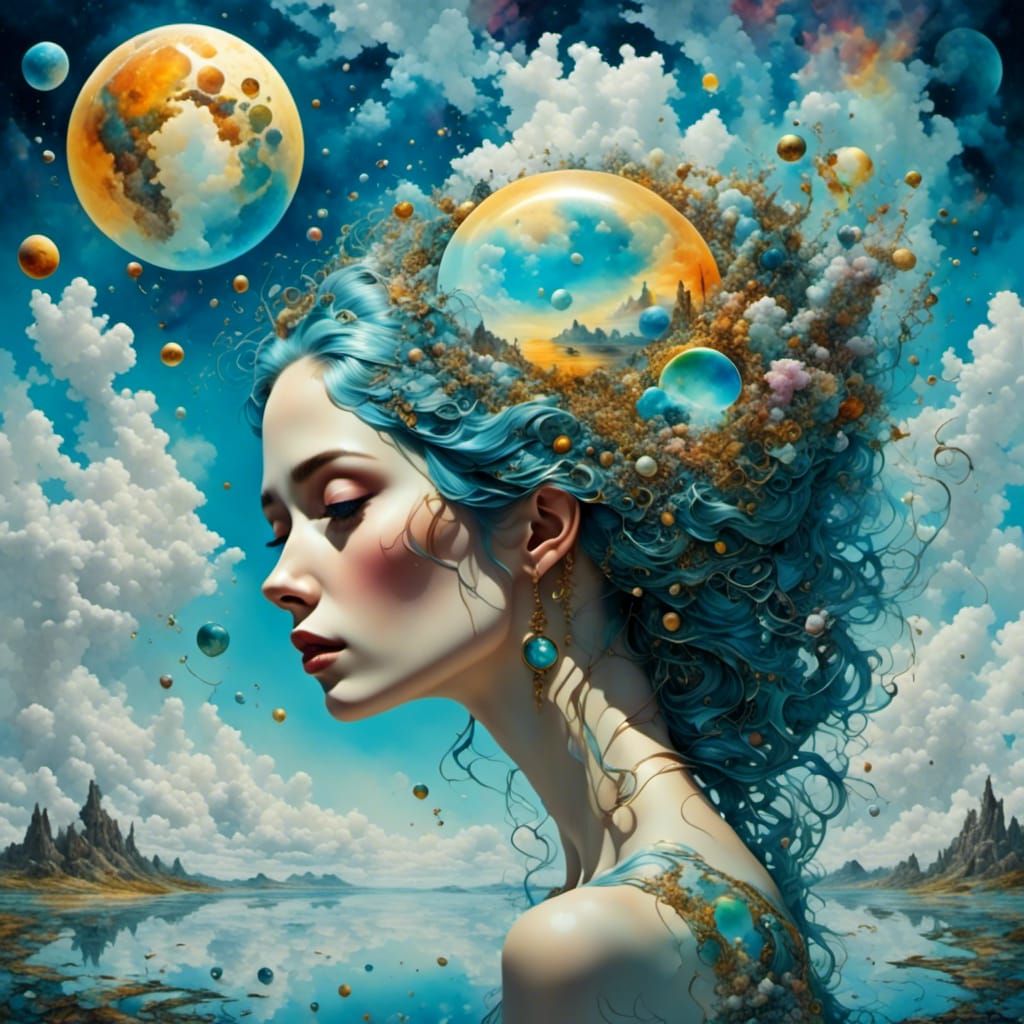 Dreamy Watercolor Portrait with Alien Landscape