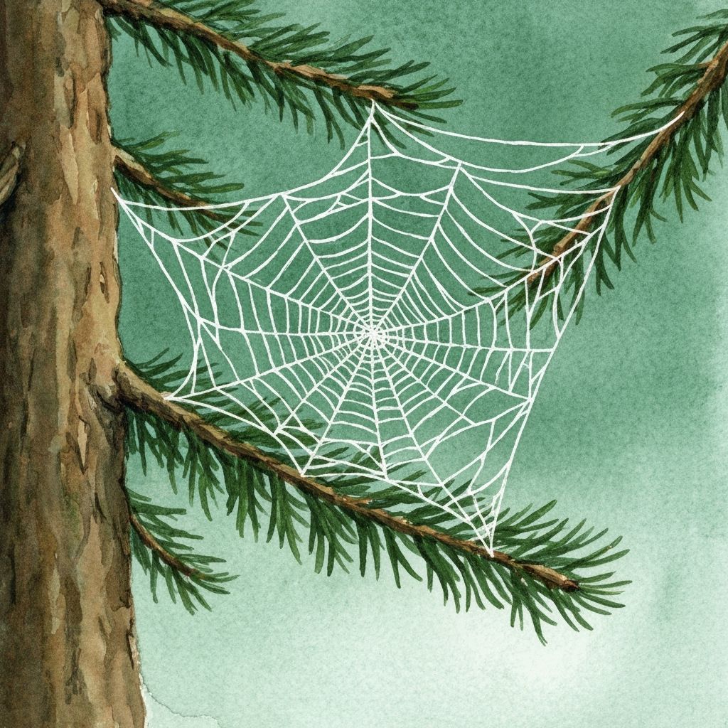 Intricate Spider Web on Evergreen Tree, Storybook Watercolor