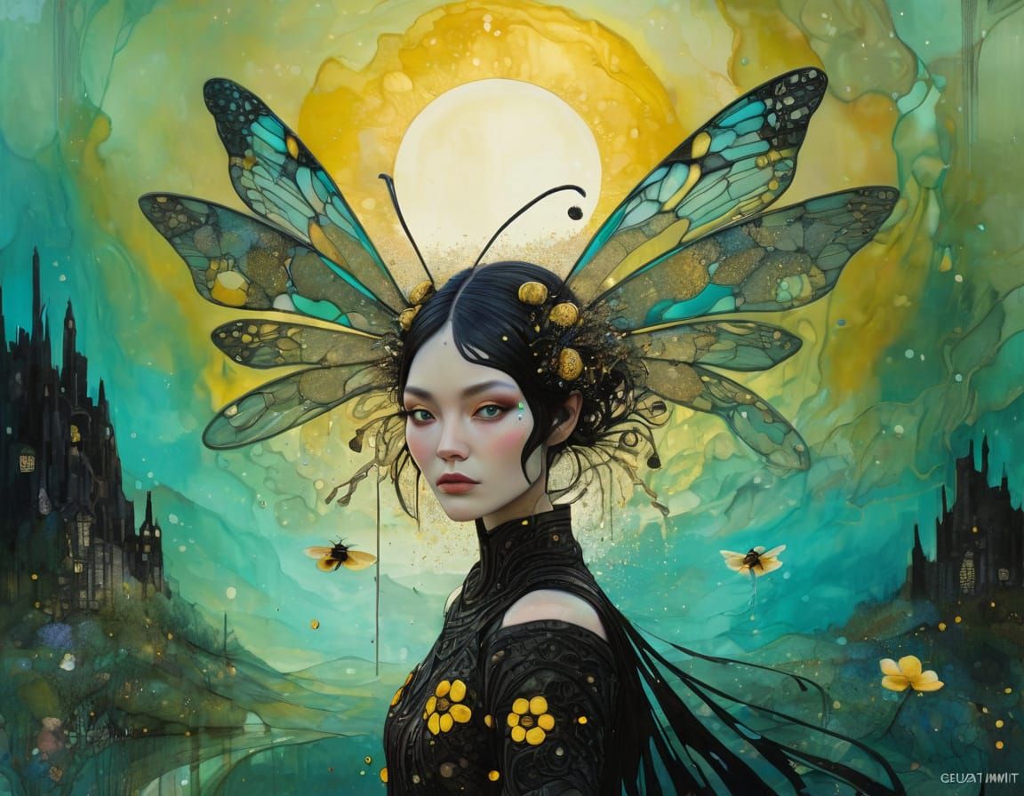 Bee in Vibrant, Melted Metal and Liquid Ink Style