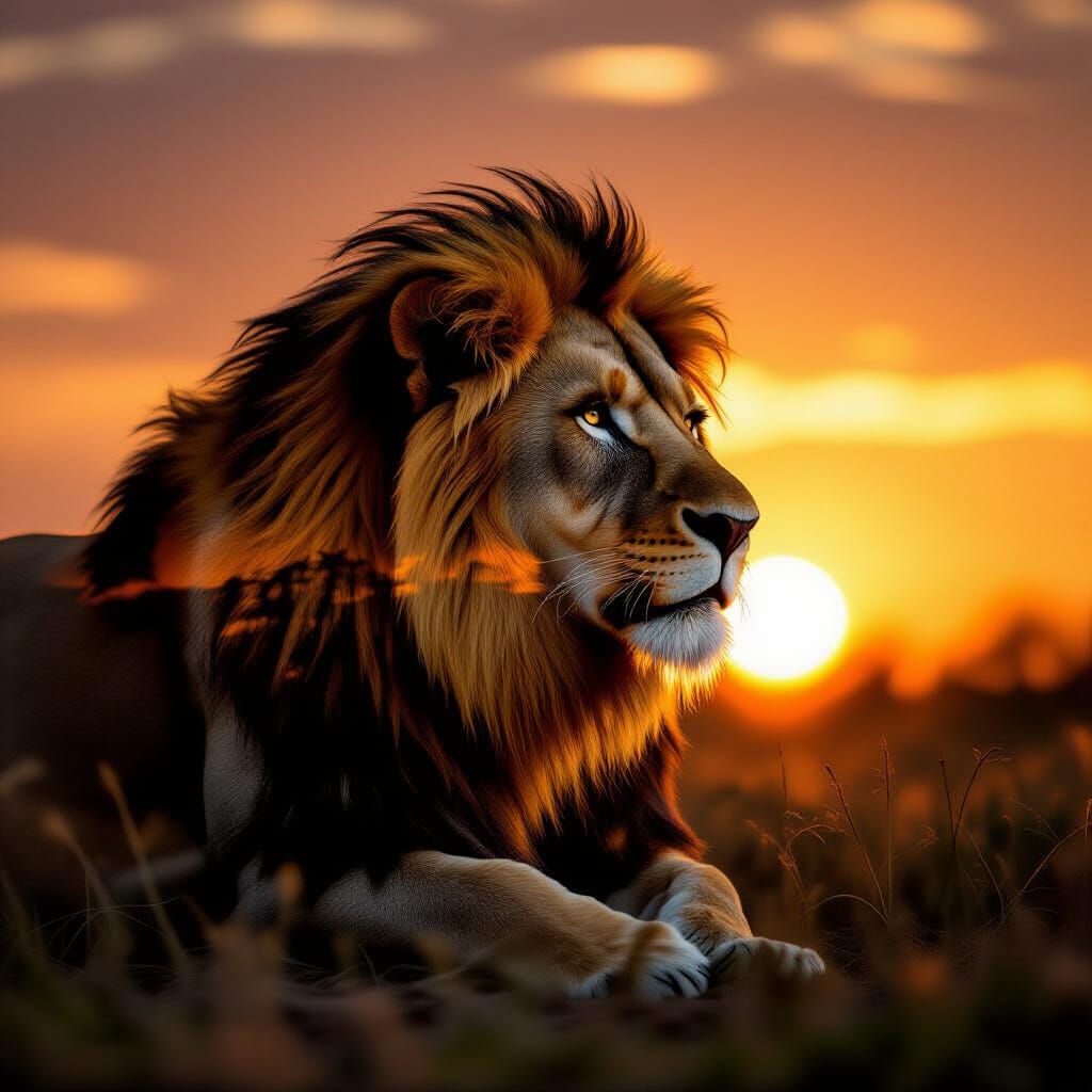 Majestic Lion Silhouette at Sunset in Double Exposure Mist