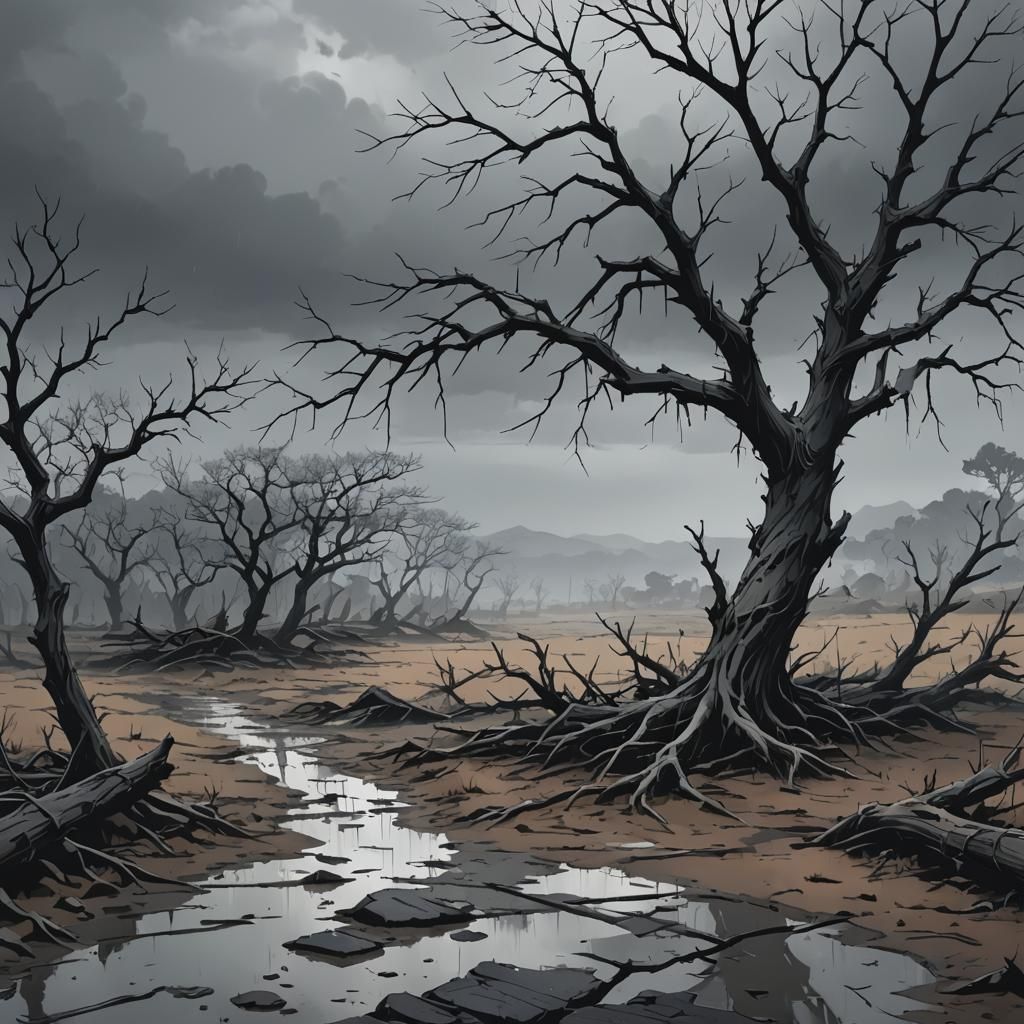 Bleak Lone Tree in Rainy Anime Landscape