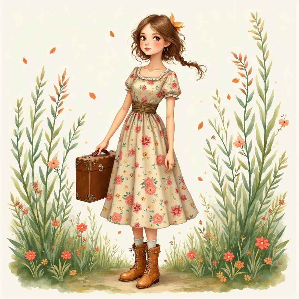 Whimsical Woman with Suitcase in Watercolor Style