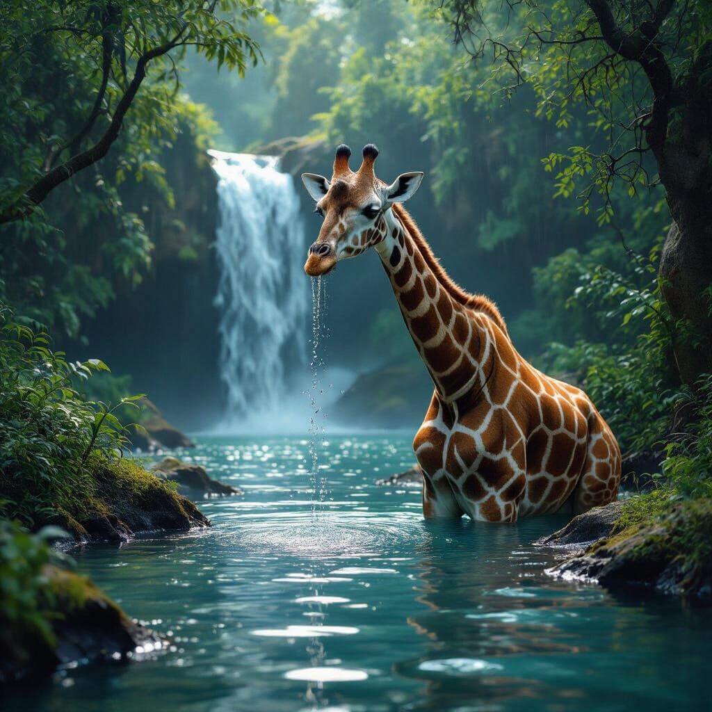 Giraffe-Frog Hybrid Drinks at Waterfall: Cinematic Still