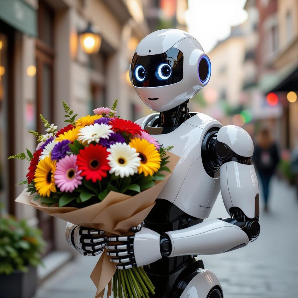 Robot Holding Flowers: A Blend of Tech and Nature