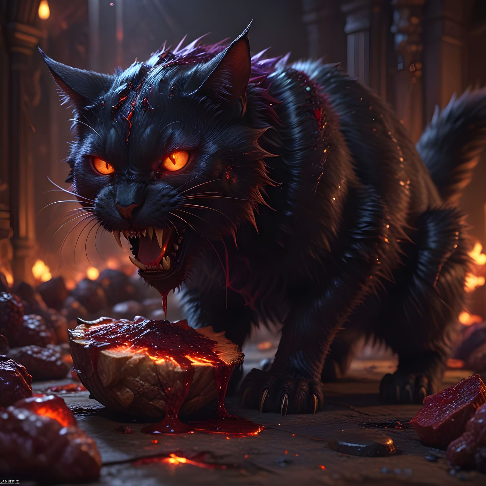 Sinister Demon Cat Feast in Dark Fantasy Style