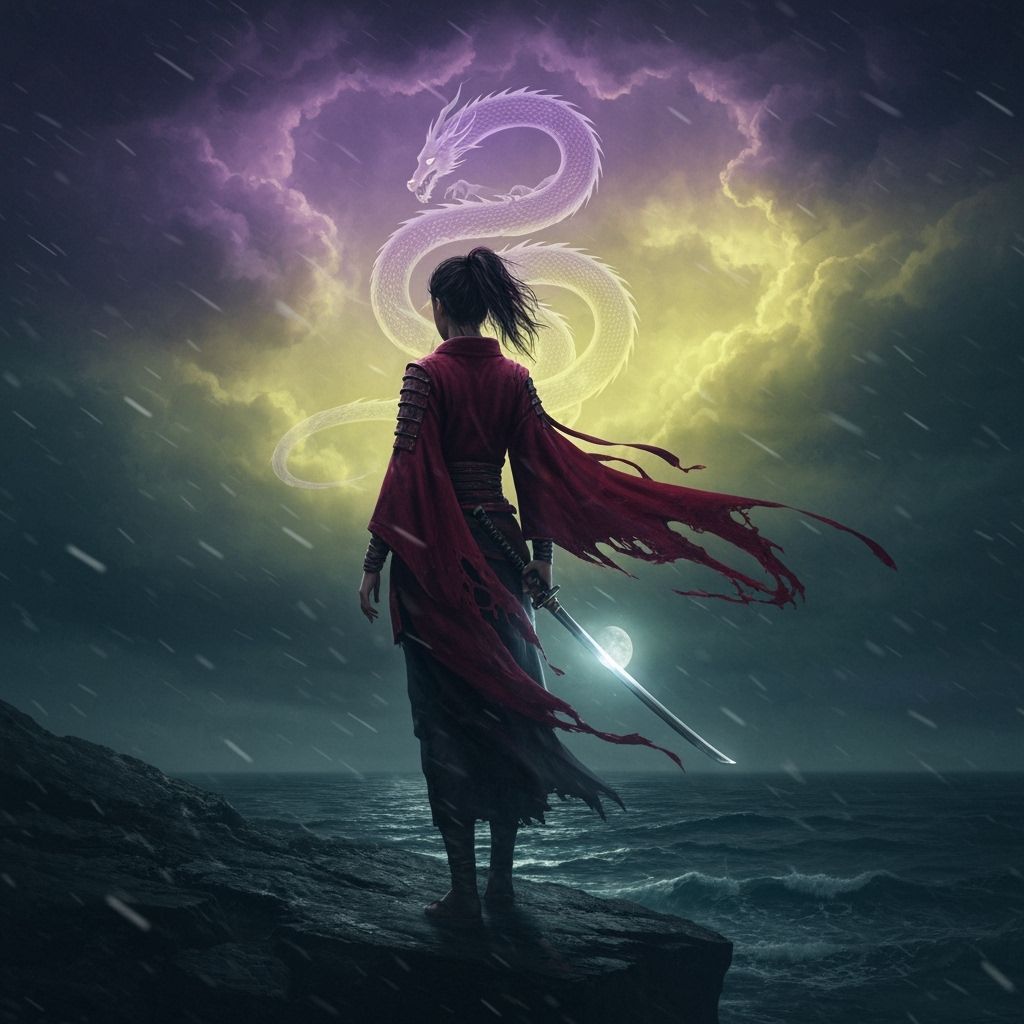 Warrior Woman on Cliff Overlooking Stormy Sea