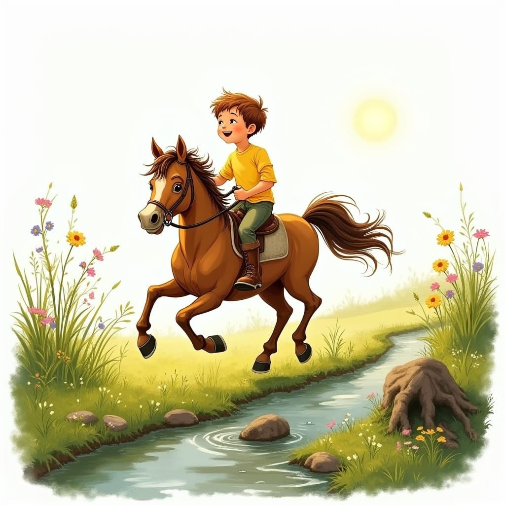 Joyful Boy Rides Galloping Pony Across Sunny Meadow