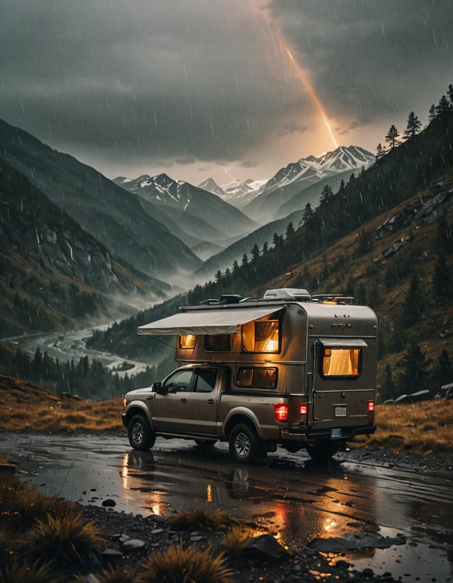 Luxurious Camper in Misty Mountain Landscape