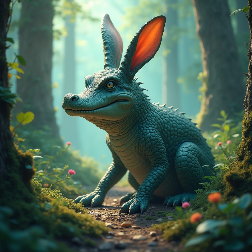 Surreal Creature in Enchanted Forest, Blending Reality and F...