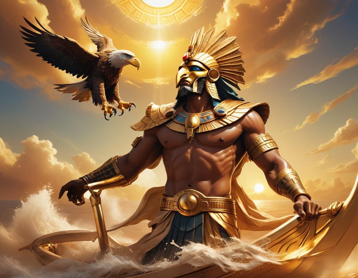 Amon Ra Sails the Golden Sky: Hyperrealistic Art