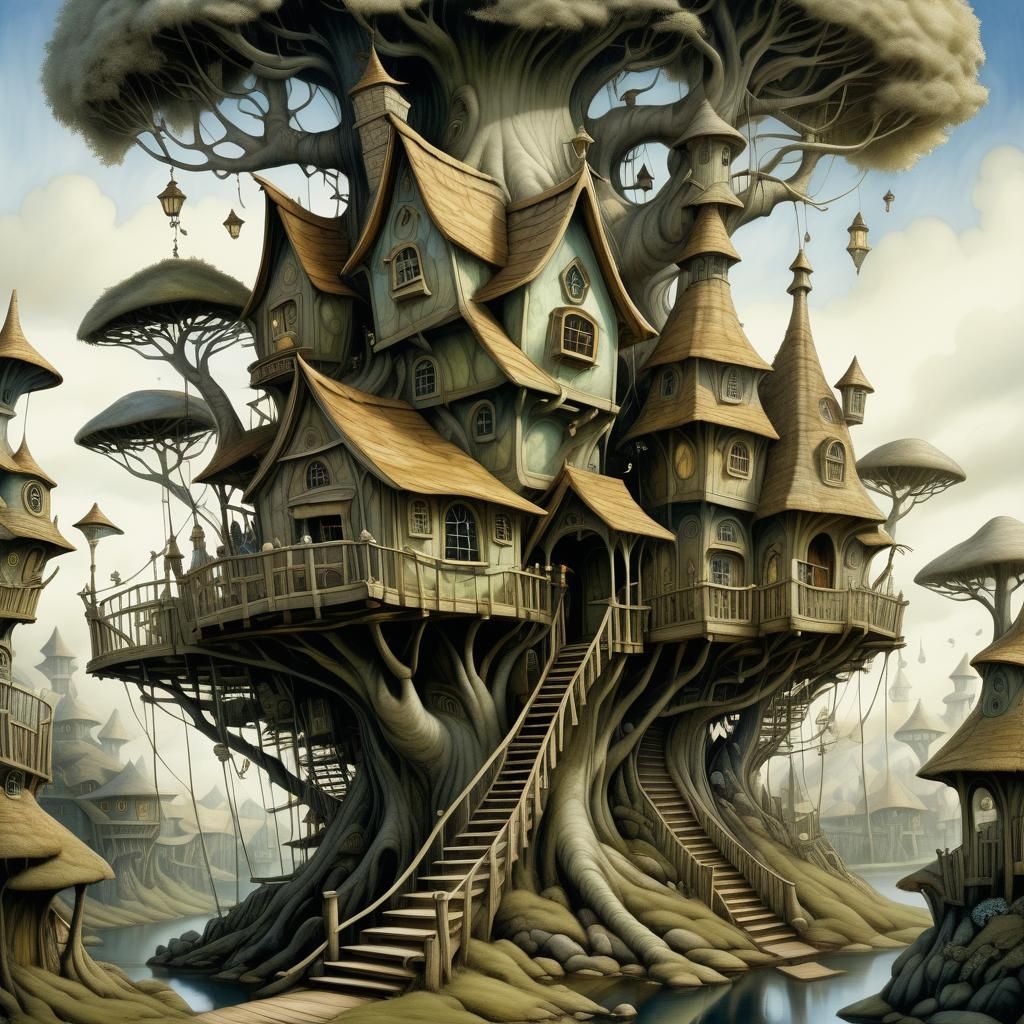 Whimsical Treehouse Village in Fantasy Illustration Style