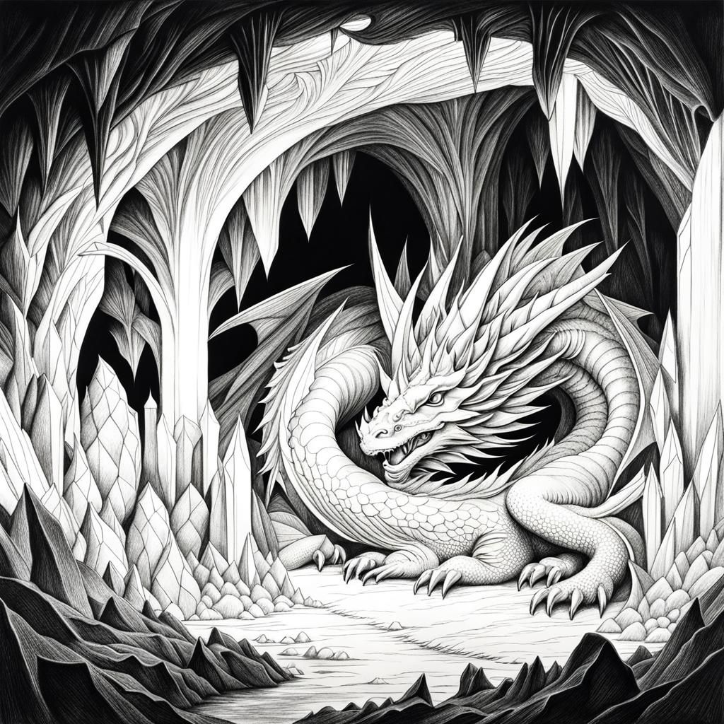Crystal Cave Line Art with Sleeping Dragon