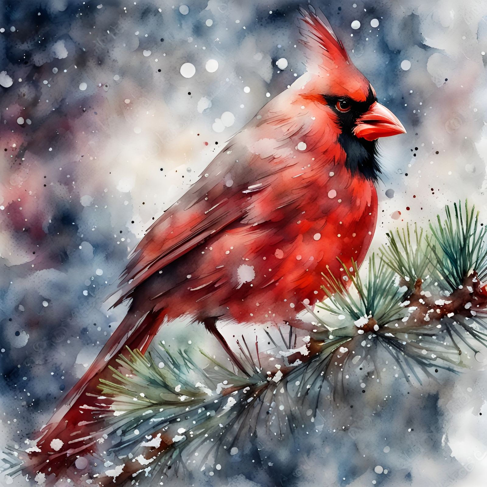 Cardinal on Pine: Chaotic Watercolor Winter Scene