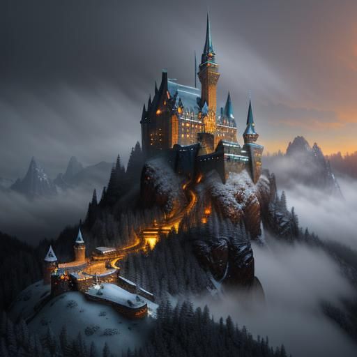 Enchanting Castle in Mystical Winter Mountainscape