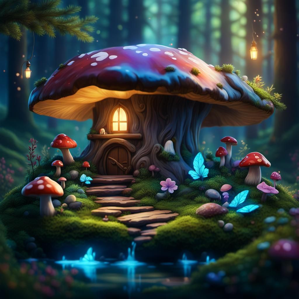 Magical Forest Scene with Fairies and Glowing Plants
