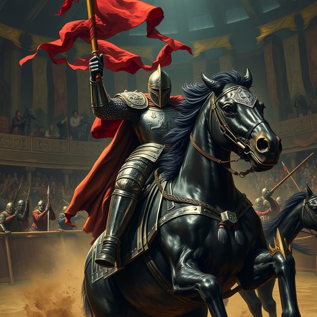Armored Knight Jousting in Medieval Arena