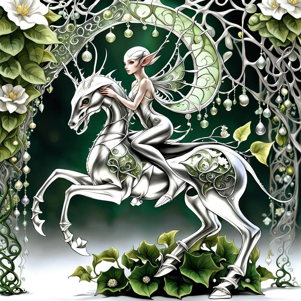 Metallic Silver Elven Nymph Rider in Alien Paradise