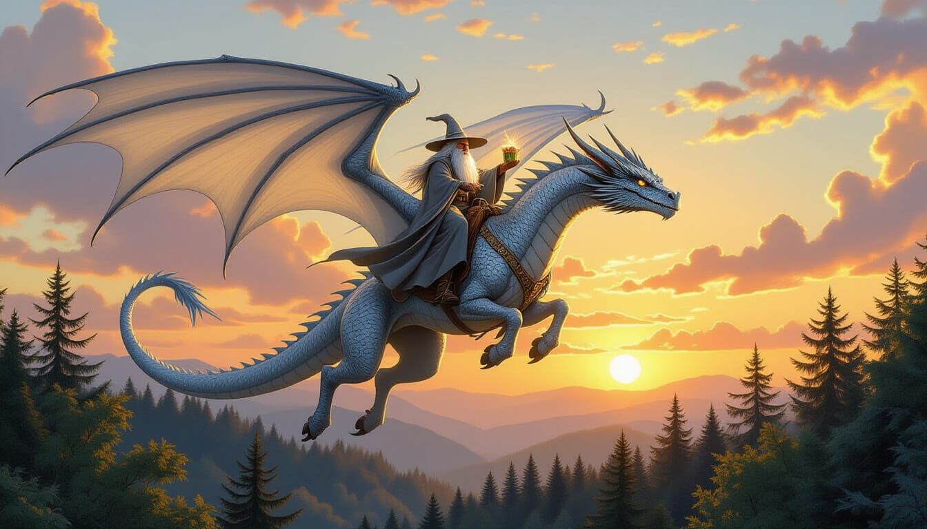 Silver Dragon and Wizard Distributing Gifts at Sunset