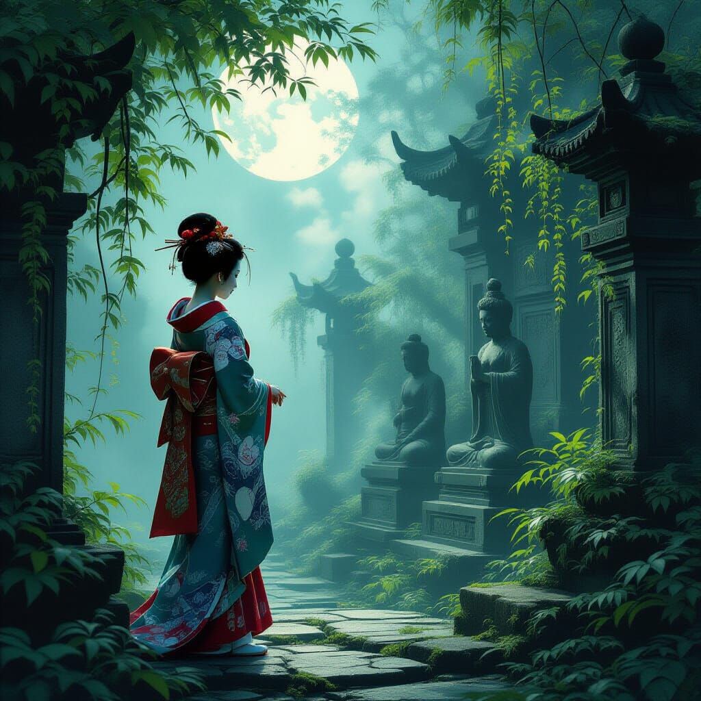 Solitary Geisha in Shadowed Garden, Dark Fantasy Art