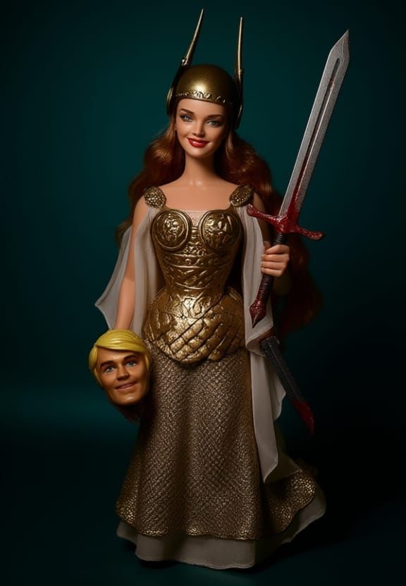 Viking Barbie Holding Severed Ken Head in Hyperrealistic Sty...