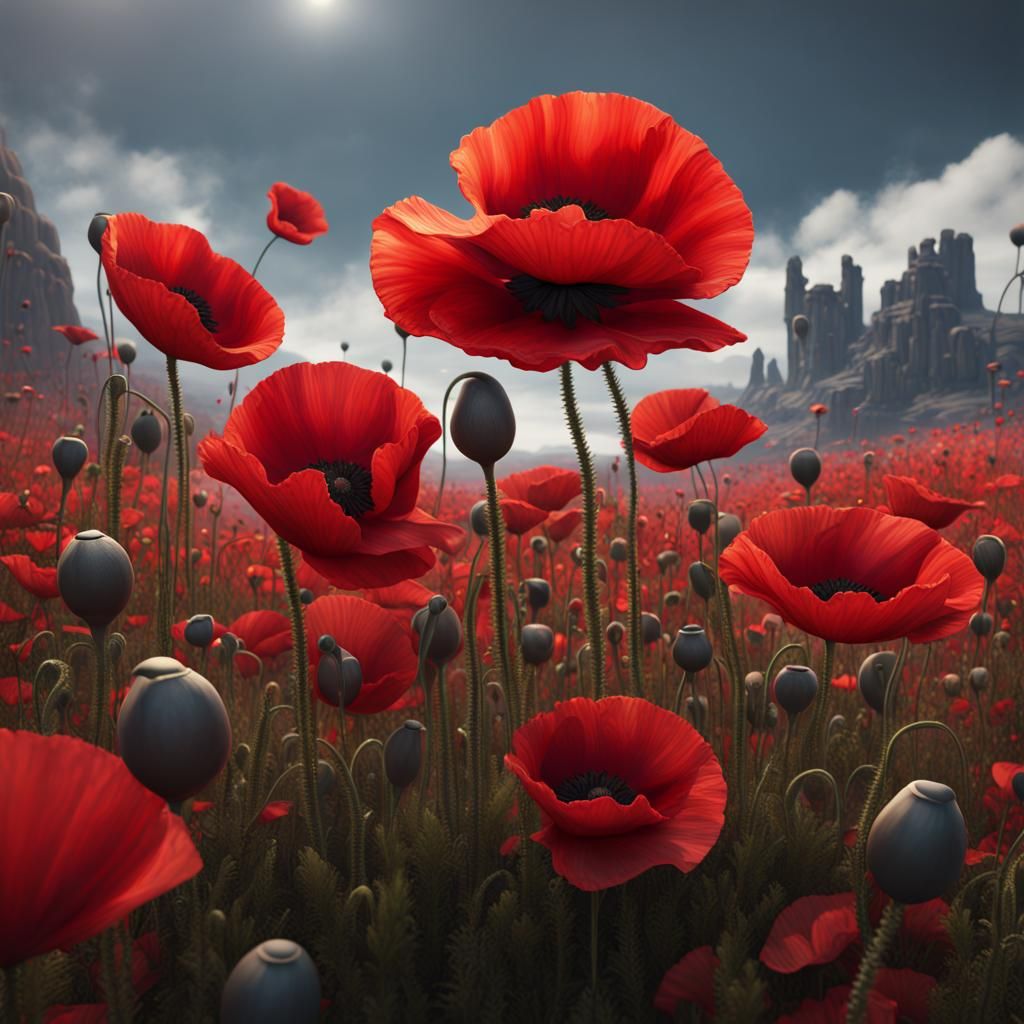 Vibrant Red Poppy Field in Detailed Matte Painting