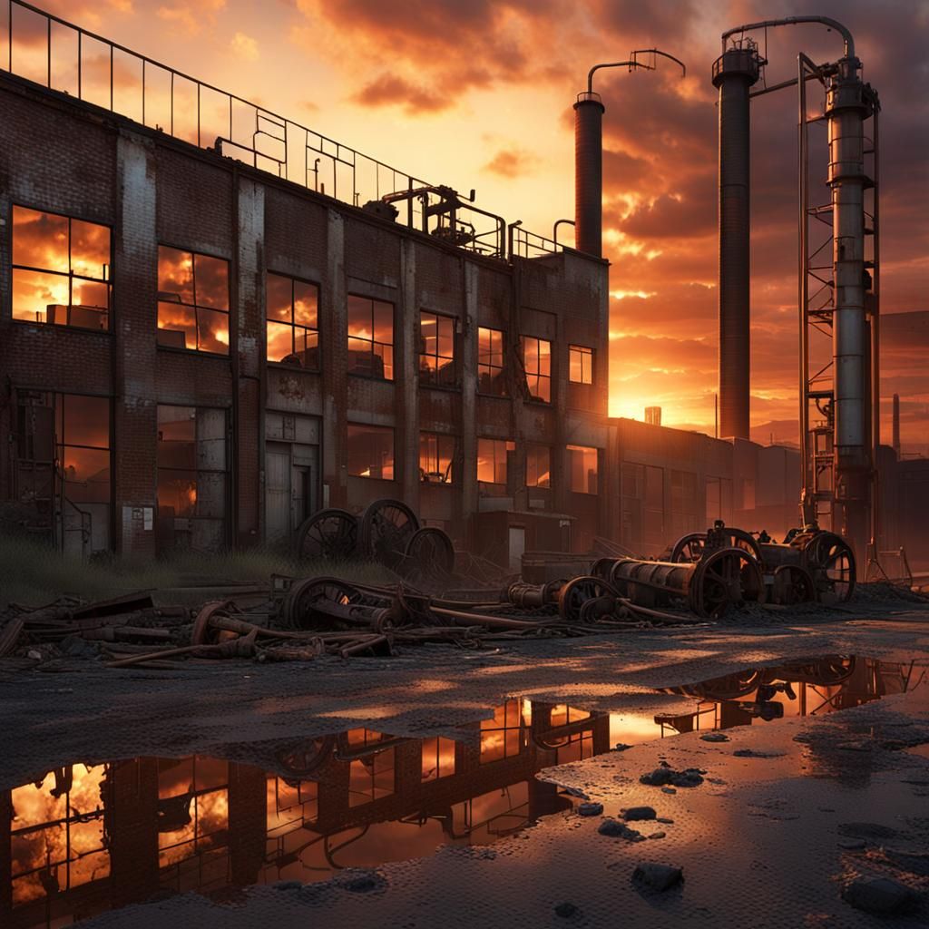 Abandoned Factory at Sunset: Photorealistic Detailed Image