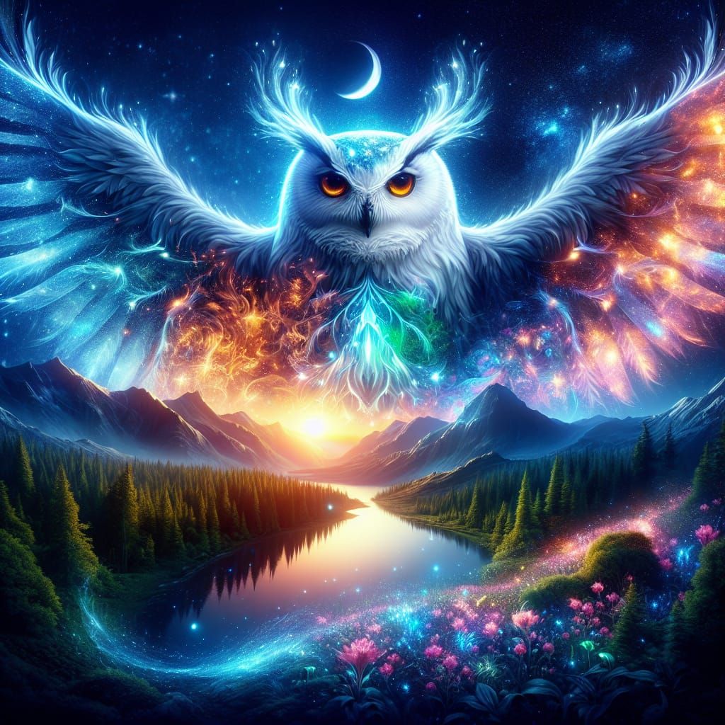 Ethereal Owl Patronus Double Exposure: Sunset Landscape