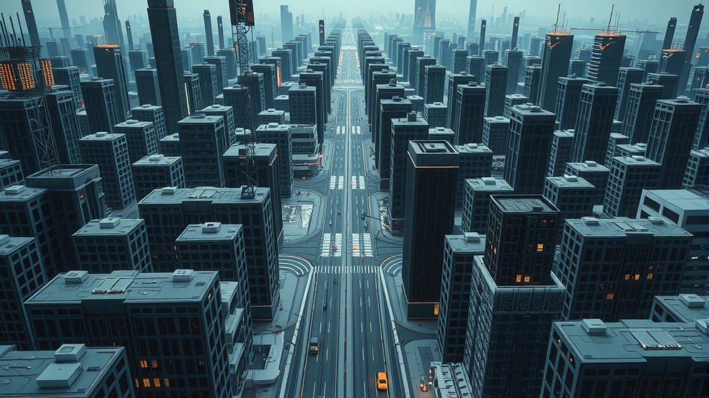 Futuristic Cityscape in Minimalist Grid Pattern