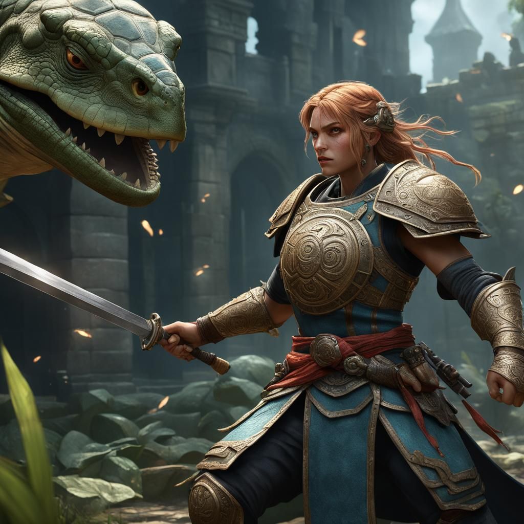 Blonde Warrior Fight in Dark Fantasy Style