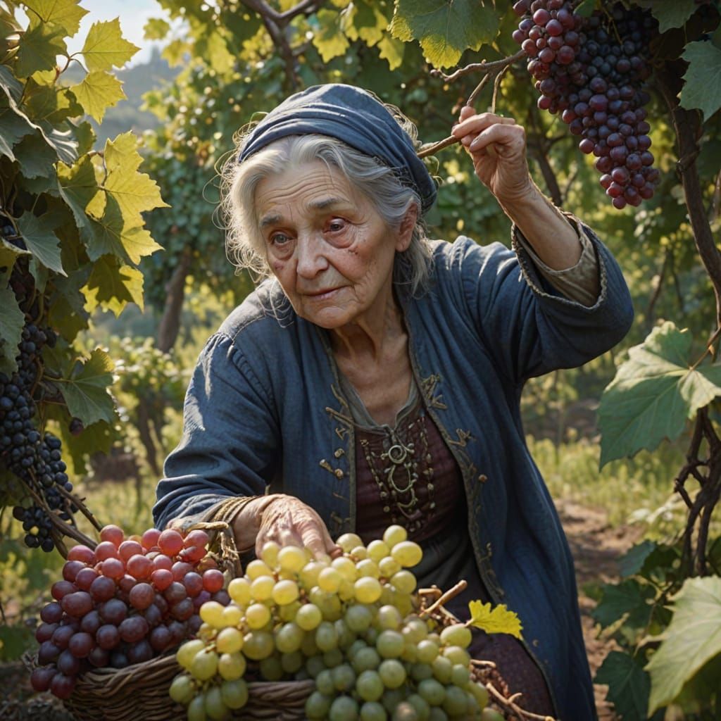 Vibrant Vineyard Scene in Rich, Jewel-Toned Colors