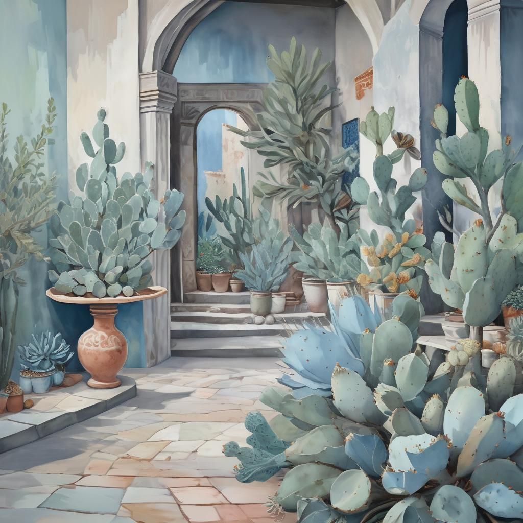 Solemn Prickly Pear Landscape in Gouache Style