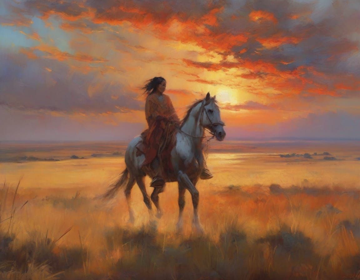 Native American Woman Rides Horse in Atmospheric Landscape
