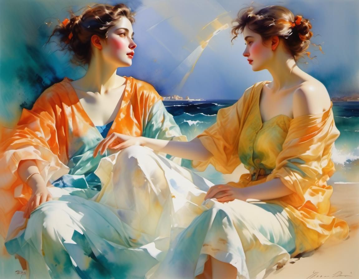 Seashore Meeting in Anthropomorphic Pastel Watercolor