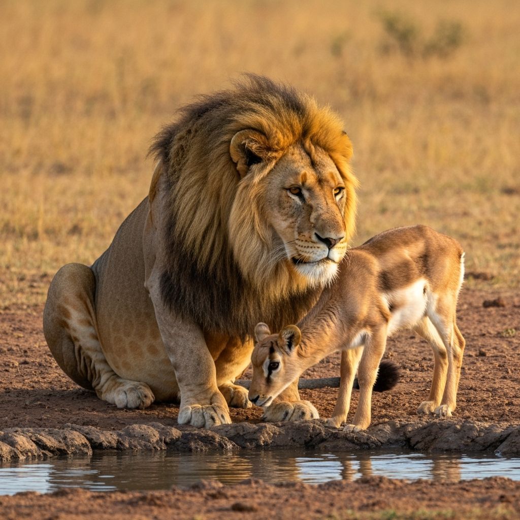 Lion and Gazelle Calf at Waterhole in Golden Hour