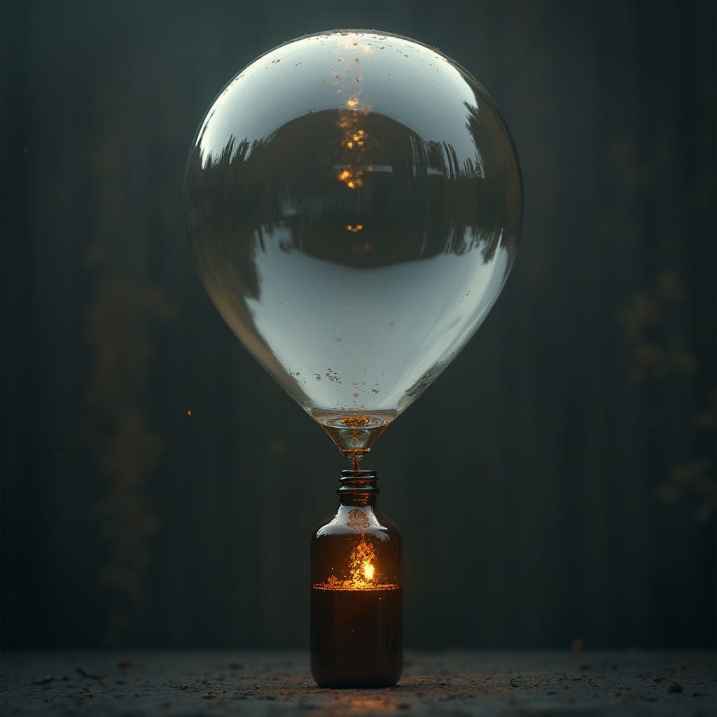 Bottle in Floating Balloon: Hyperrealistic Still Life
