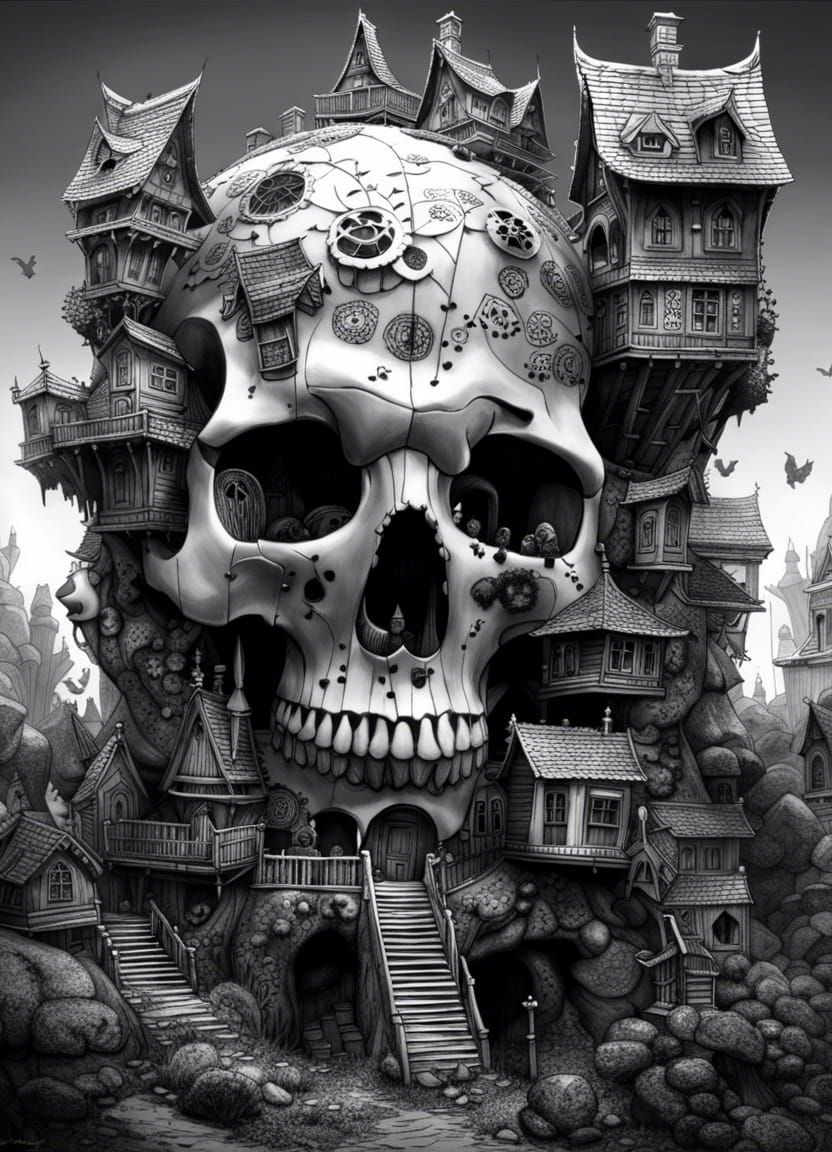 Gothic Village in Skull: Black and White Line Art