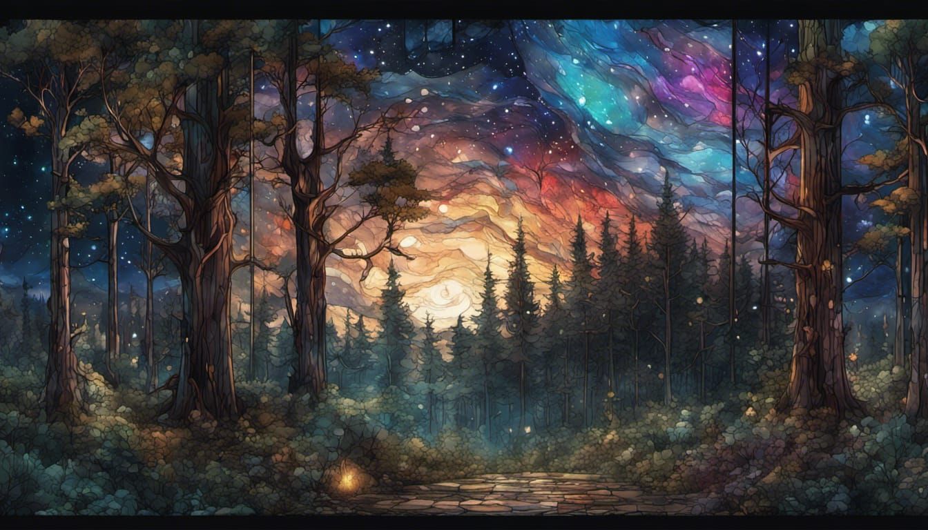 Stained Glass Night Sky over Summer Forest