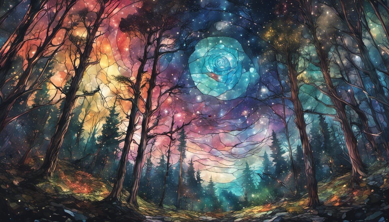 Stained Glass Night Sky Over Summer Forest