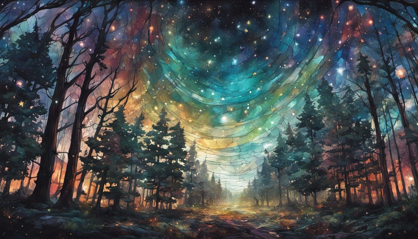 Stained Glass Night Sky over Summer Forest