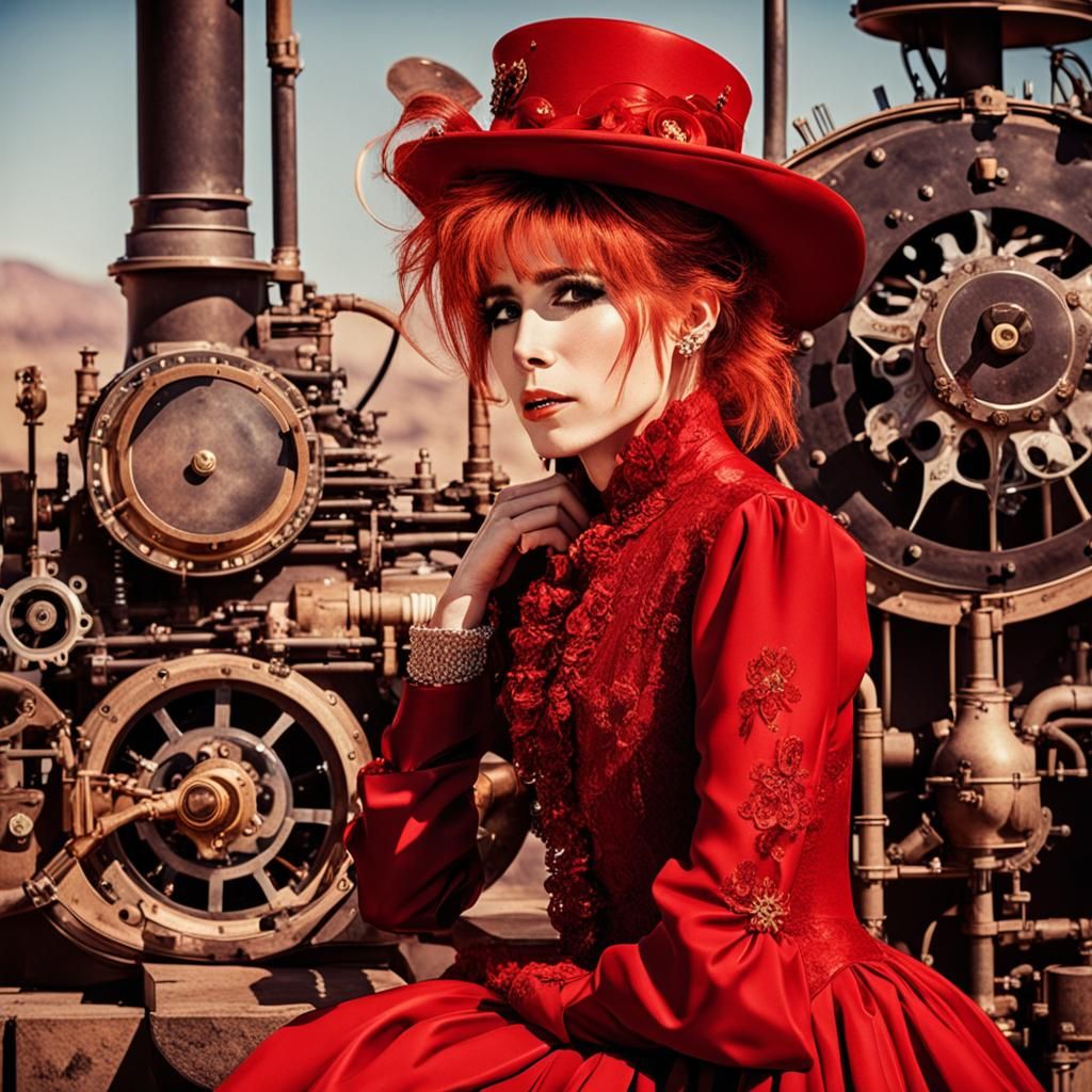 Steampunk Portrait: Woman in Red Dress with Tear