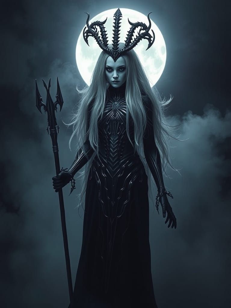 Victorious Figure Emerges Under Pale Moon, Giger Style