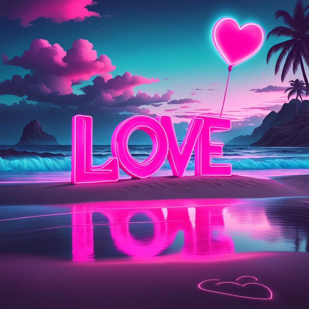 Synthwave Beach Scene with Neon Heart